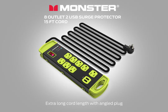 Monster Power Heavy Duty Power Strip Surge Protector, 8 AC, 2 USB-A, 15ft