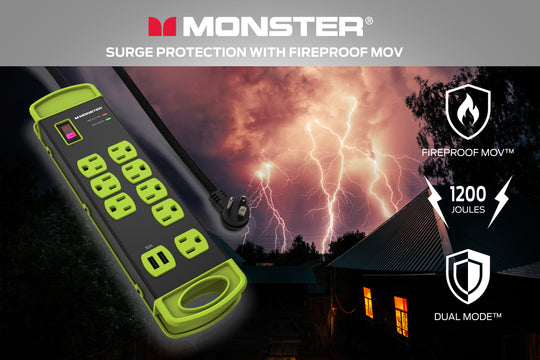 Monster Power Heavy Duty Power Strip Surge Protector, 8 AC, 2 USB-A, 15ft