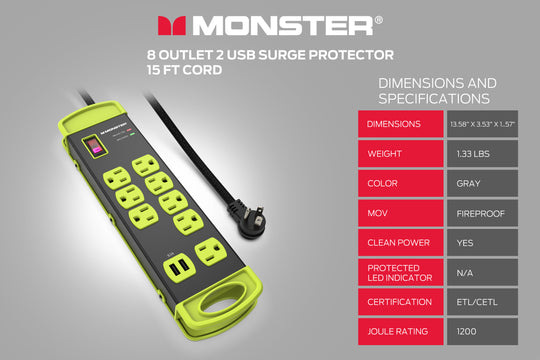 Monster Power Heavy Duty Power Strip Surge Protector, 8 AC, 2 USB-A, 15ft