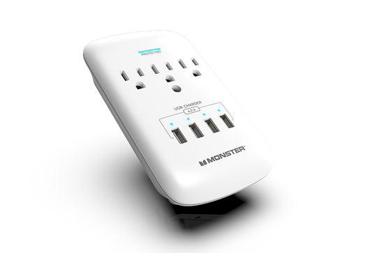 Monster Power Wall Tap Surge Protector, 3 AC, 4 USB (4.2amp), 980J, Fireproof MOV