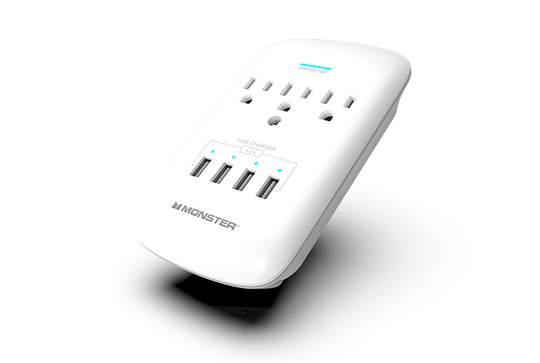 Monster Power Wall Tap Surge Protector, 3 AC, 4 USB (4.2amp), 980J, Fireproof MOV