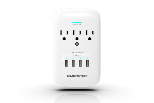 Monster Power Wall Tap Surge Protector, 3 AC, 4 USB (4.2amp), 980J, Fireproof MOV