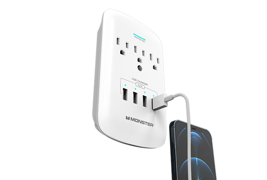 Monster Power Wall Tap Surge Protector, 3 AC, 4 USB (4.2amp), 980J, Fireproof MOV