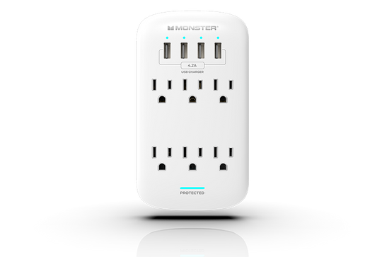Monster Power Wall Tap Surge Protector, 3 AC, 4 USB-A