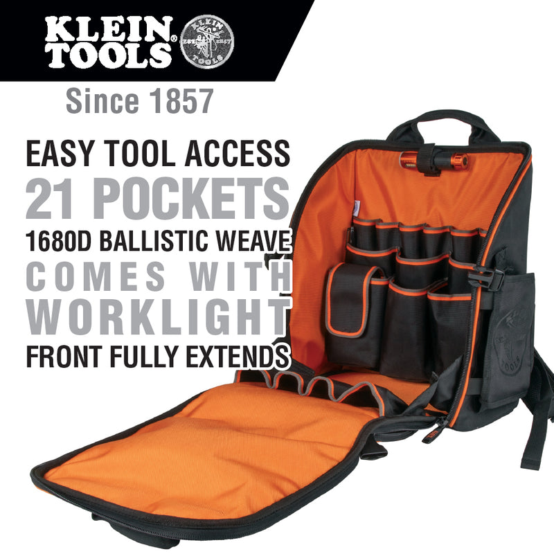 Klein Tools Tradesman Pro Tool Station Tool Bag Backpack with Worklight, 55655