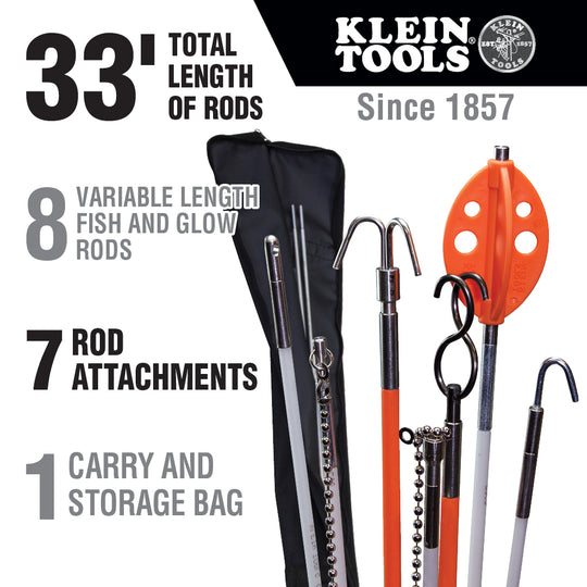Klein Tools 56400 Splinter Guard™ Fish and Glow Rod Kit with Bag, 33-Foot