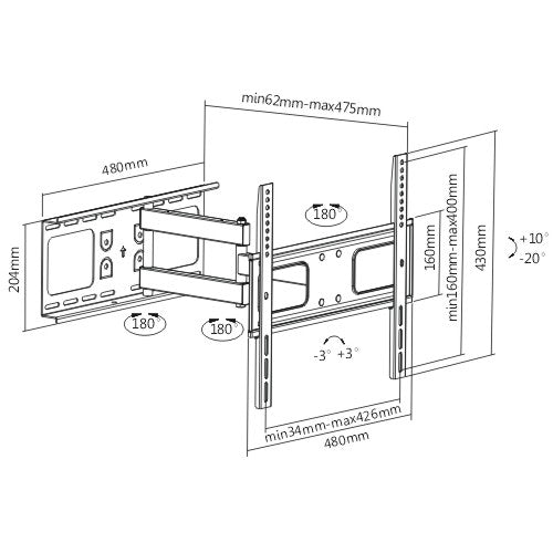 Rhino Brackets Articulating Curved and Flat Panel TV Wall Mount for 32-55 Inch Screens