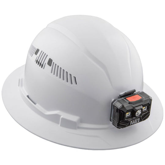 Klein Tools Hard Hat, Vented, Full Brim with Rechargeable Headlamp, White, 60407RL