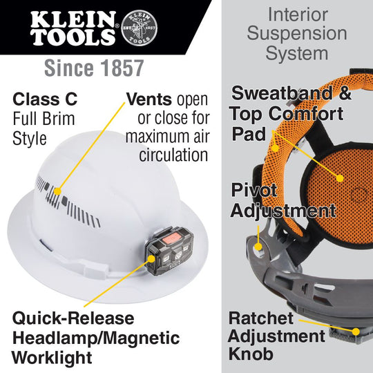 Klein Tools Hard Hat, Vented, Full Brim with Rechargeable Headlamp, White, 60407RL