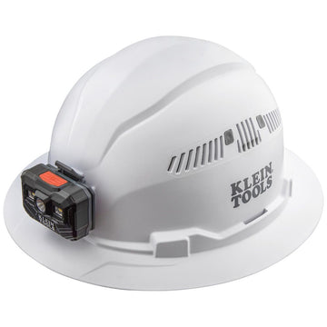 Klein Tools Hard Hat, Vented, Full Brim with Rechargeable Headlamp, White, 60407RL