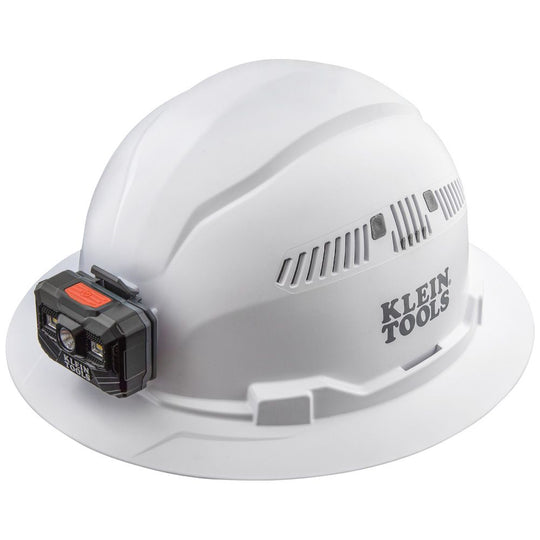 Klein Tools Hard Hat, Vented, Full Brim with Rechargeable Headlamp, White, 60407RL