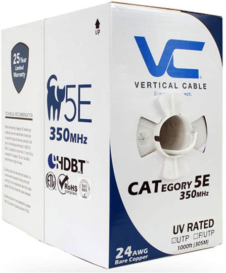 Vertical Cable 1000ft Solid Outdoor Cat5E Cable - 24AWG 350MHz UV-Rated
