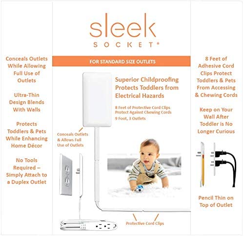 Sleek Socket Ultra-Thin Child Proofing Electrical Outlet Cover with 3 Outlet Power Strip and Cord Cover Kit, 8-Foot