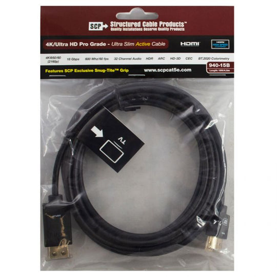 SCP Ultra Slim Active HDMI Cable- High Speed W/Ethernet- Low Profile Connector - 15ft