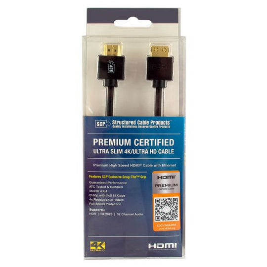 SCP Ultra Slim Premium Certified HDMI Cable W/Ethernet, 4K/Ultra HD, 4K@60, Full 18Gbps, HDR