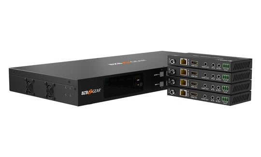 BZBGEAR 4X4 4K 18Gbps UHD HDMI/HDBaseT Matrix Switcher with 2-Way IR/Advance EDID/Downscaling/IP and RS-232 Control