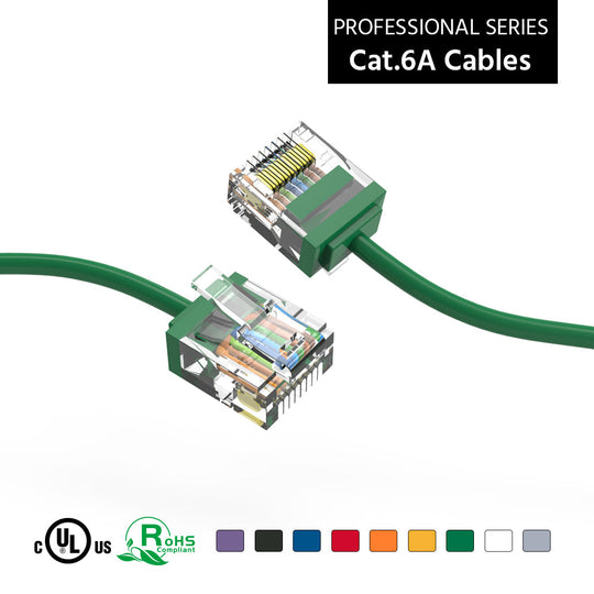 Cat6A Super-Slim Ethernet Patch Cable, UTP, Bare Copper, 32AWG - Green
