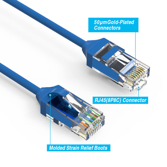 Cat6 28AWG, Pure Bare Copper,RJ45 Slim Ethernet Network Cable - Blue