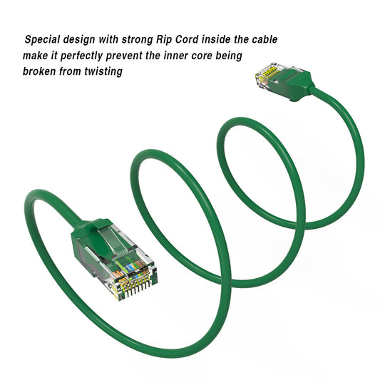 Cat6 28AWG, Pure Bare Copper,RJ45 Slim Ethernet Network Cable - Green