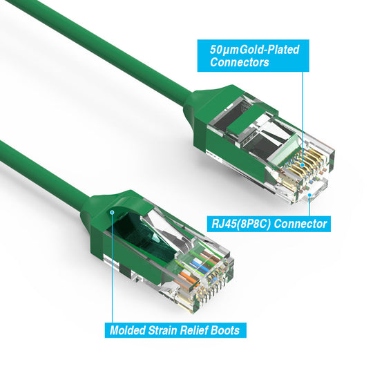 Cat6 28AWG, Pure Bare Copper,RJ45 Slim Ethernet Network Cable - Green