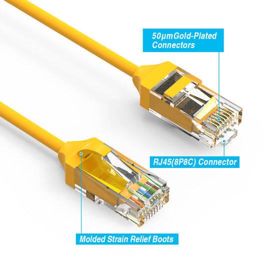 Cat6 28AWG, Pure Bare Copper,RJ45 Slim Ethernet Network Cable - Yellow