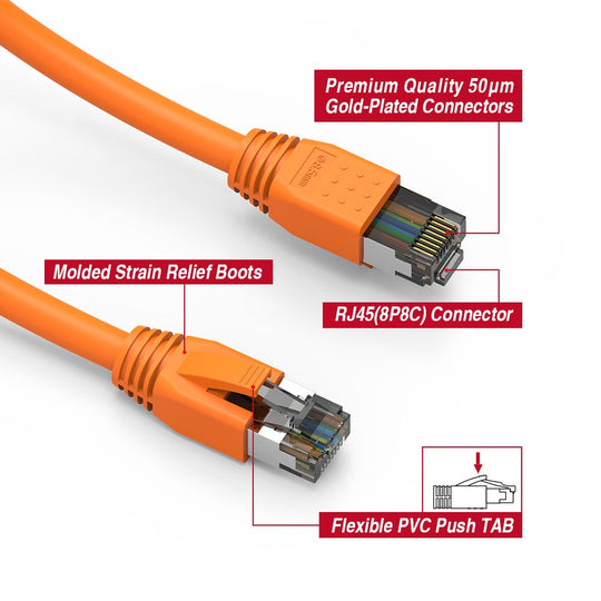 Cat8 S/FTP Shielded Ethernet Patch Cable, Snagless Boot, (0.5-50ft) - Orange