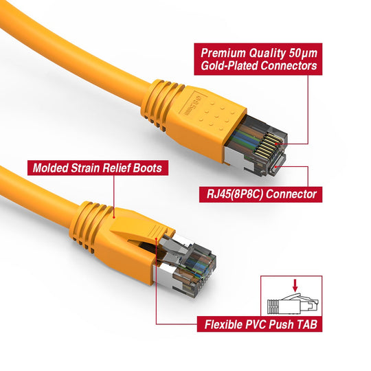Cat8 S/FTP Shielded Ethernet Patch Cable, Snagless Boot, (0.5-50ft) - Yellow