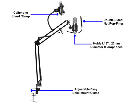 Deskmount Microphone Stand With Rotating Phone Holder & Pop-Filter MDS-28