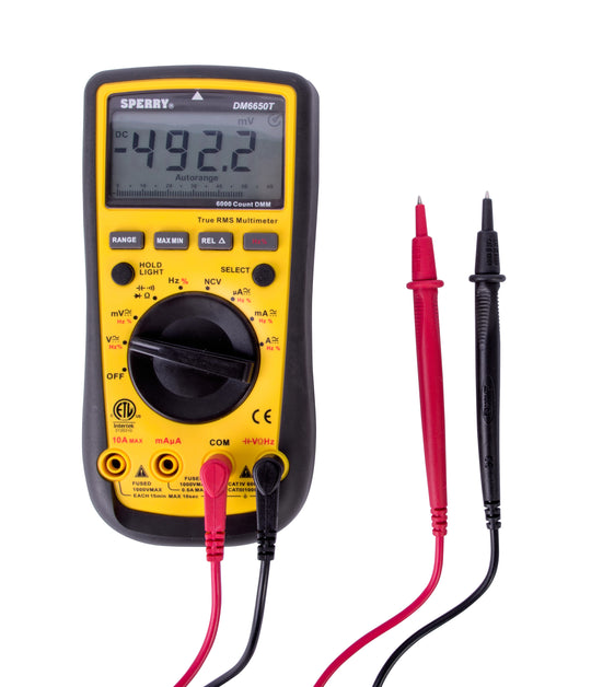 Sperry Instruments True RMS Digital Multimeter, Auto ranging, 10 Funct, 10 Range, 750/1000V AC/DC, 10A Current, Resist, Diode, Cont, Batt, DM6650T
