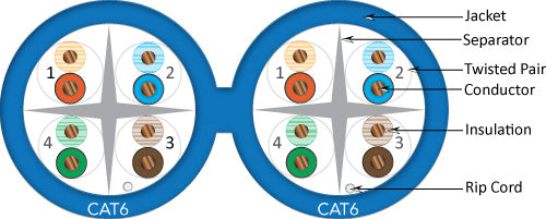 Vertical Cable Bundled Cat-6 Dual, Siamese Style, 23AWG, UTP, 8C Solid, CMR Rated, PVC Jacket, 1000ft, Wooden Spool, Blue