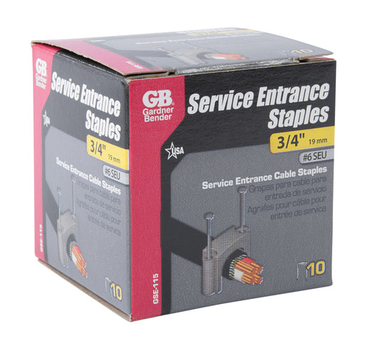Gardner Bender 3/4" (19mm) Polyethylene Service Entrance Cable Strap Staple, Zinc-Plated Nails, Grey, #6 SEU, Wood (10-Pk), GSE-115