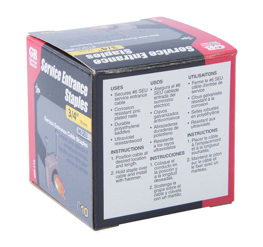 Gardner Bender 3/4" (19mm) Polyethylene Service Entrance Cable Strap Staple, Zinc-Plated Nails, Grey, #6 SEU, Wood (10-Pk), GSE-115