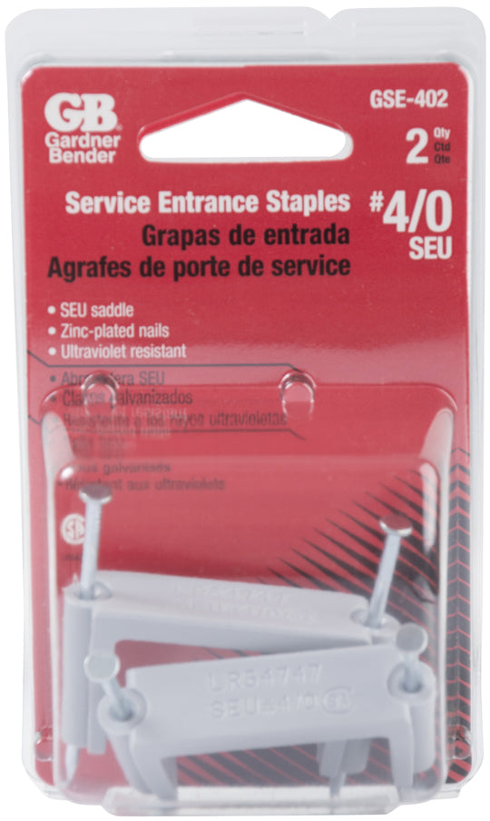 Gardner Bender #4/0 SEU Polyethylene Service Entrance Cable Strap Staple, Zinc-Plated Nails, Grey, Wood, (2-Pk), GSE-402