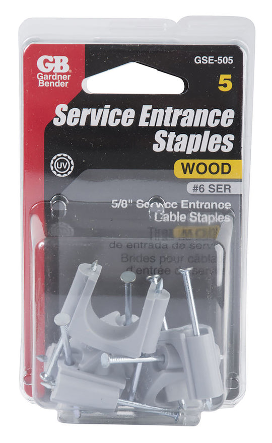 Gardner Bender 3/4" (19.05 mm) Polyethylene Service Entrance Cable Strap Staple, Grey, #6 SER, Wood (5-Pk), GSE-505