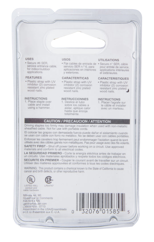 Gardner Bender 3/4" (19.05 mm) Polyethylene Service Entrance Cable Strap Staple, Grey, #6 SER, Wood (5-Pk), GSE-505