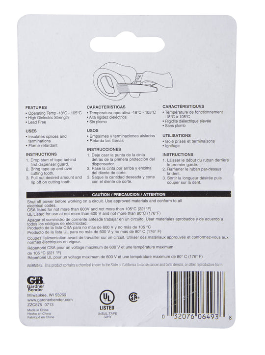 Gardner Bender All Weather Black Pressure Sensitive Vinyl Tape with Dispenser, GTP-307WD