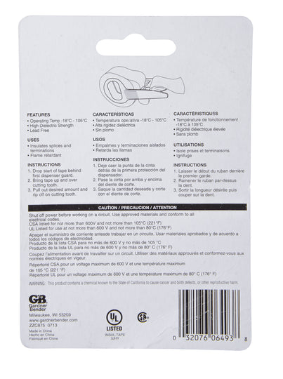 Gardner Bender All Weather Black Pressure Sensitive Vinyl Tape with Dispenser, GTP-307WD