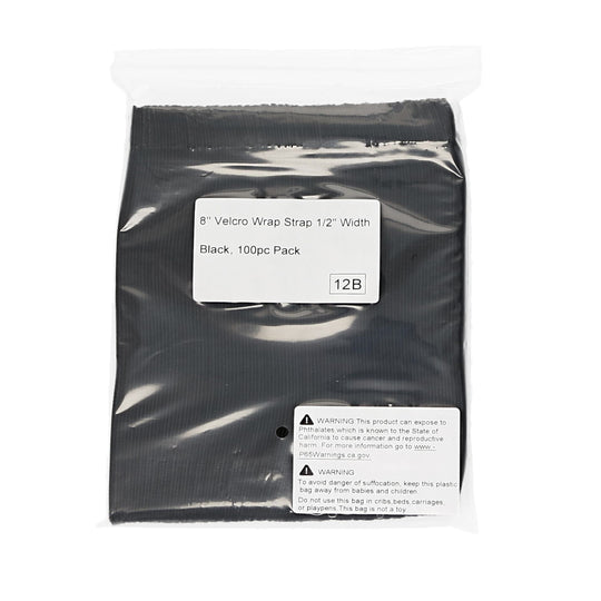 8" Hook and Loop Wrap Strap 1/2" Width Black, 100pc Pack