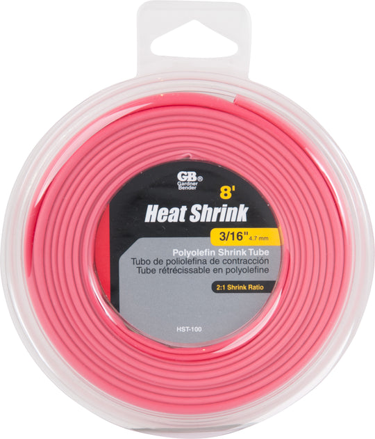 Gardner Bender Polyolefin Heat Shrink Tubing, 2:1 Shrink Ratio 3/16 in. (4.7 mm) Dia. to 3/32 in (2mm) Dia., 8 Ft. Roll, Red, (1/Pkg), HST-100