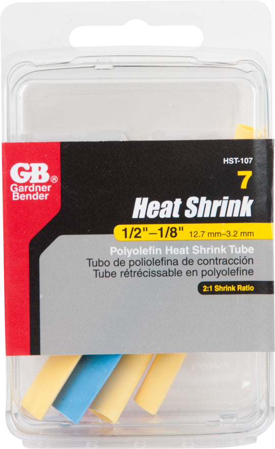 Gardner Bender HST-107 Asst Heat Shrink, 3 In., 1/8-1/2 In., Blue, Yellow, Red, (7/Pck)