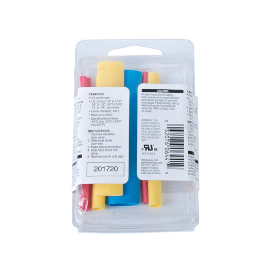 Gardner Bender HST-107 Asst Heat Shrink, 3 In., 1/8-1/2 In., Blue, Yellow, Red, (7/Pck)