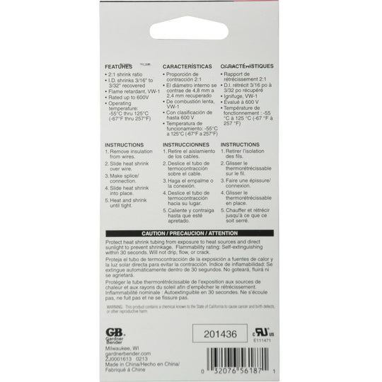 Gardner Bender 3/16 in. Heat Shrink Tubing (8-Pack), HST-187
