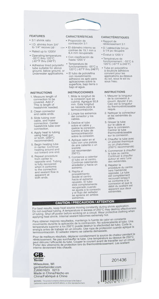 Gardner Bender 1/1/2 In. Heavy Wall Heat Shrink Tubing, 1/Bag, HWT-1550