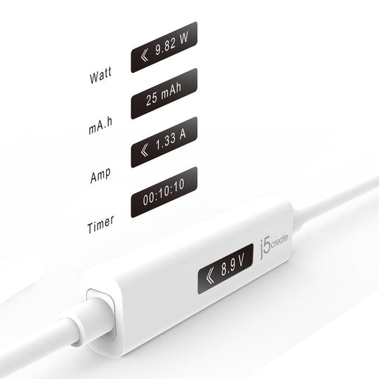 j5create USB-C™ 2.0 to USB-C™ Cable with OLED Dynamic Power Meter, 4ft