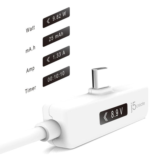 j5create JUCP15 USB-C to USB-C 2.0 Cable Right Angle with OLED Dynamic Power Meter, 4ft