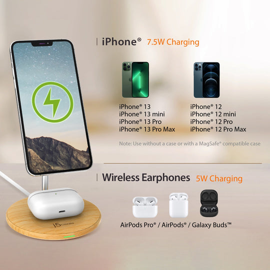 j5create Wood Grain 2-in-1 Magnetic Wireless Charging Stand
