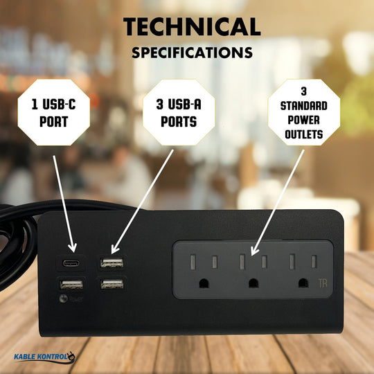 Kable Kontrol Desk Clamp Power Strip with 1 USB-C Port - 3 Power Outlets, 3 USB-A Ports, Fast Charger - 4.9ft Cord