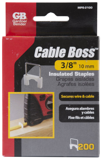 Gardner Bender 3/8 in (10mm), Metal Insulated Staples Designed for use in Cable Boss Staple Gun, White, (200-Pack), MPS-2100