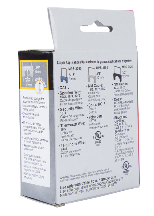 Gardner Bender 3/8 in (10mm), Metal Insulated Staples Designed for use in Cable Boss Staple Gun, White, (200-Pack), MPS-2100