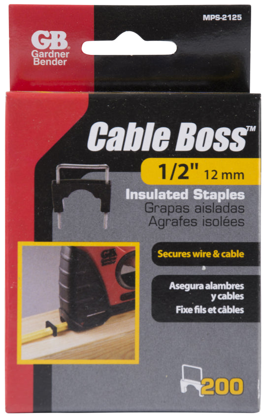 Gardner Bender 1/2 in (13 mm), Metal Insulated Staples Designed for use in Cable Boss Staple Gun, Black, (200-Pack), MPS-2125